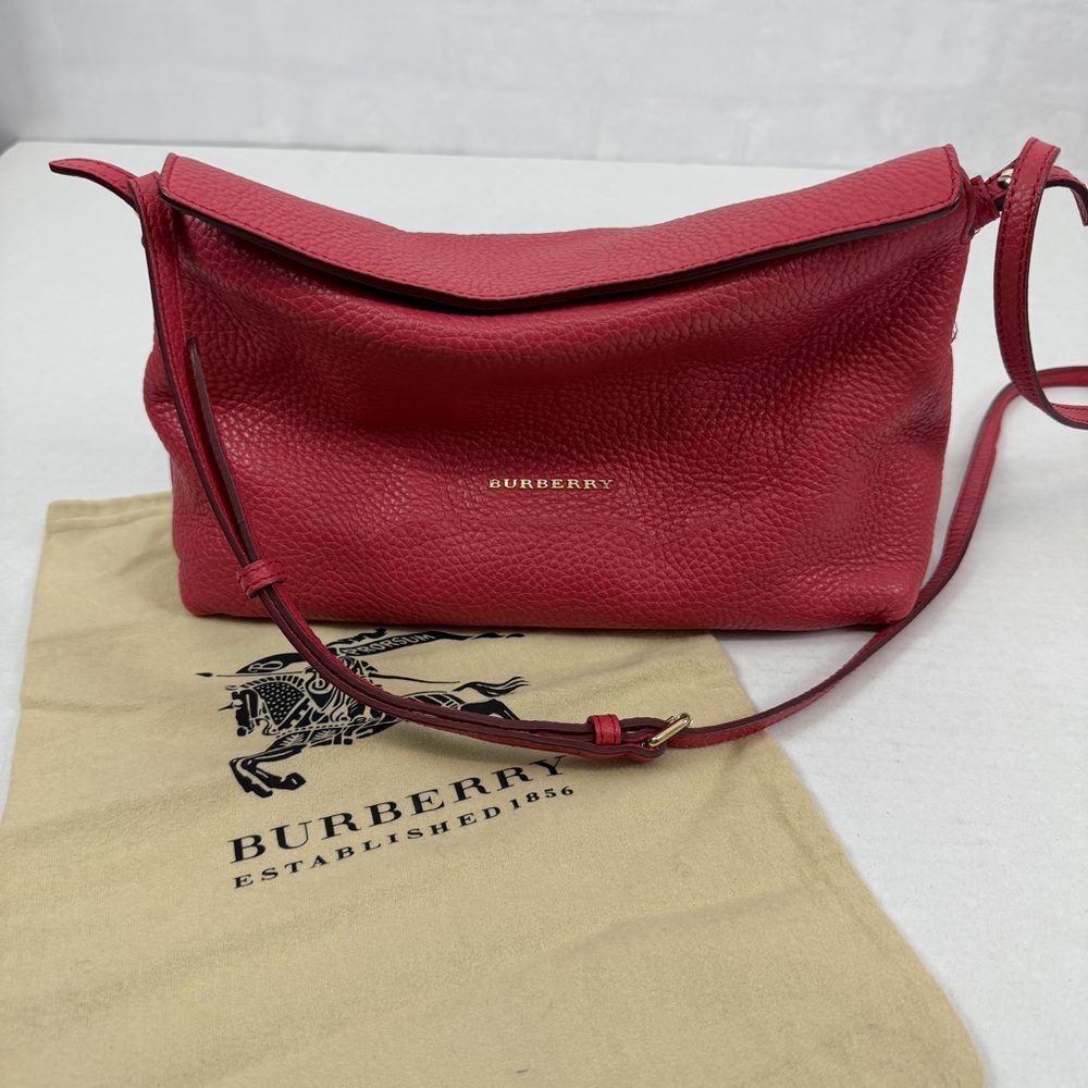 Burberry Small Pebbled Leather Crossbody Bag Deep‎ Red House Check Plaid Lining